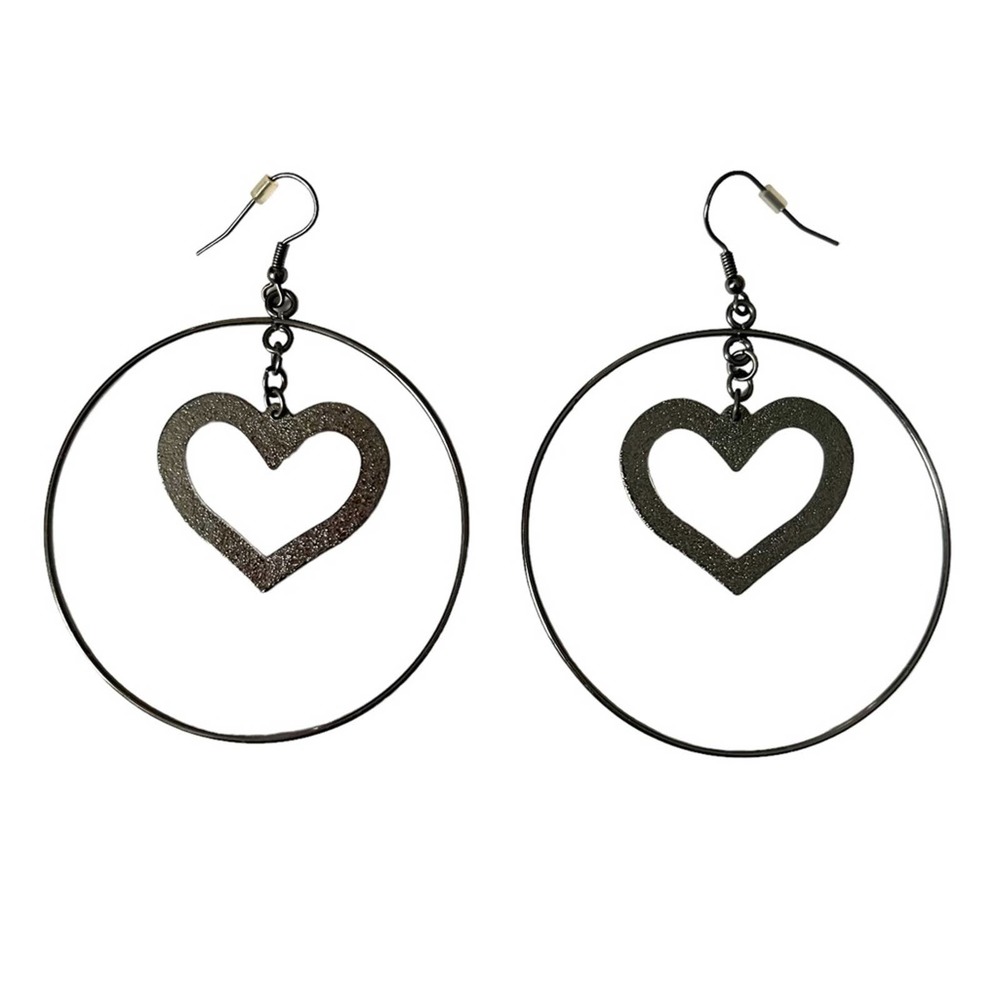 Black Metal Heart in Hoop Earrings